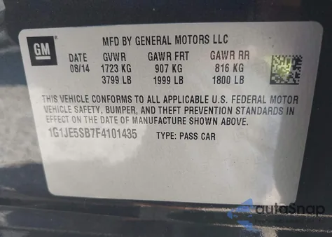 2015 Chevrolet Sonic Ltz Auto z USA, uszkodzony, nr VIN 1G1JE5SB7F4101435